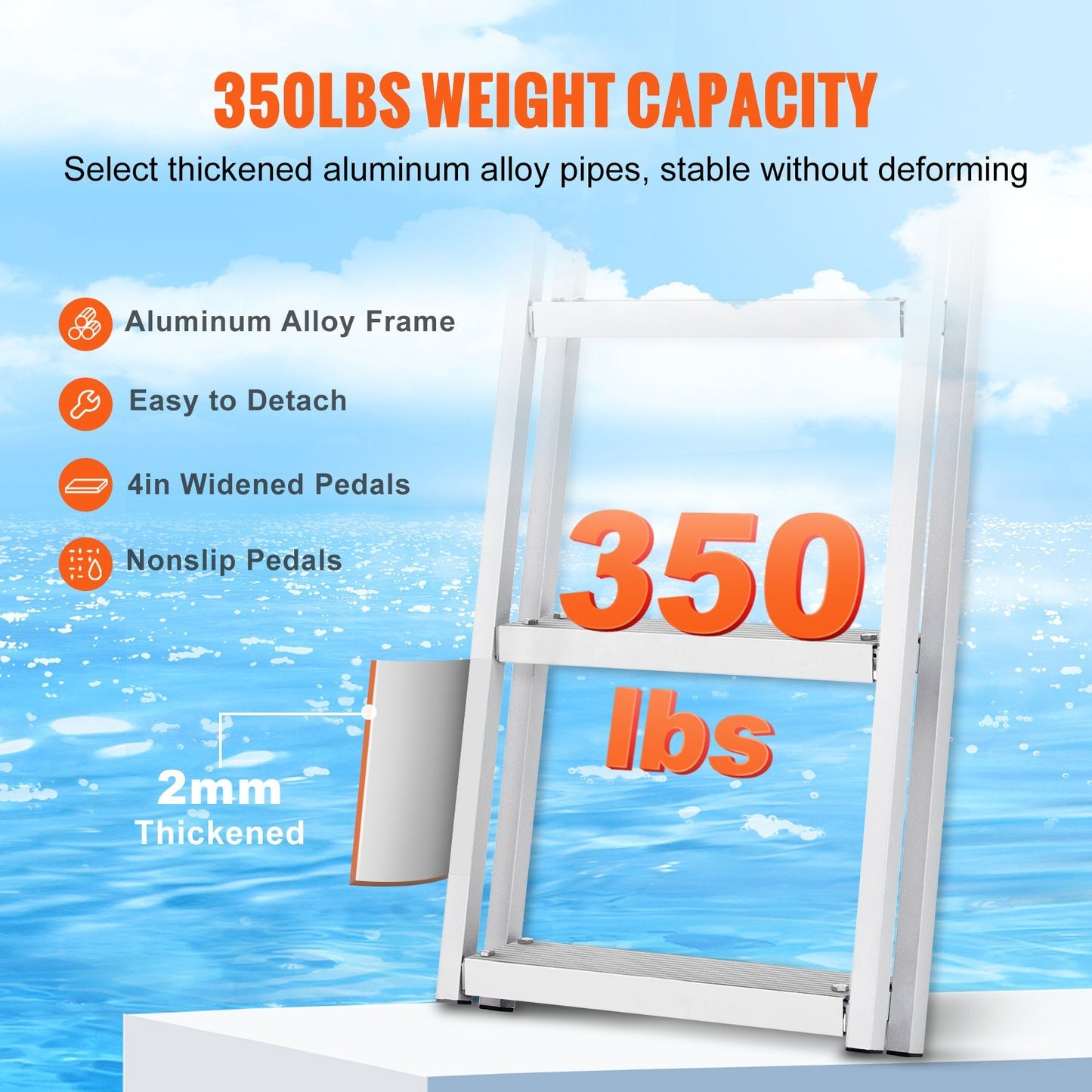 VEVOR Dock Ladder, Removable 3 Steps, 350 Lbs Load Capacity, Aluminum Alloy Pontoon Boat Ladder With 4 Wide Step & Nonslip Rubber Mat, Easy To Install For Ship Lake Pool Marine Boarding