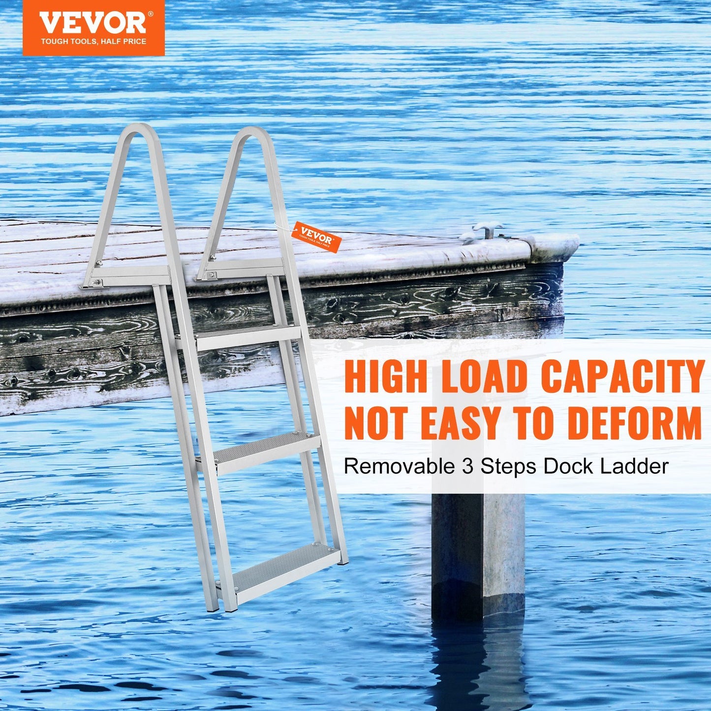 VEVOR Dock Ladder, Removable 3 Steps, 350 Lbs Load Capacity, Aluminum Alloy Pontoon Boat Ladder With 4 Wide Step & Nonslip Rubber Mat, Easy To Install For Ship Lake Pool Marine Boarding