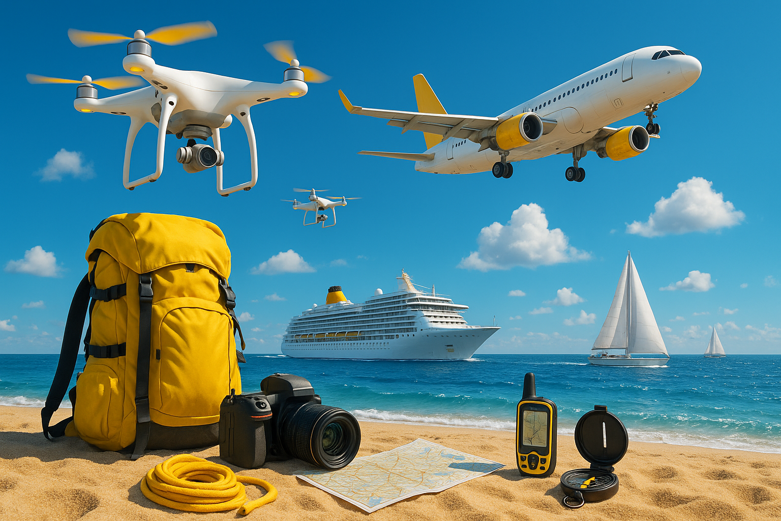 Drones, airplanes, ships, travel, outdoor, accessories,  colors #4770db and #fffd05