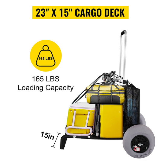 VEVOR Beach Carts For Sand,  Cargo Deck, TPU Balloon Wheels, 165LBS Loading Folding Sand Cart Adjustable Height, Aviation Aluminum Cart For Picnic, Fishing, Beach